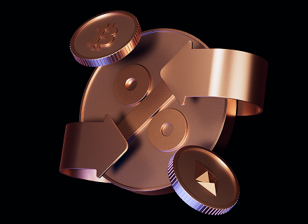 Abstract 3D metallic icon representing zero-fee crypto trading architecture