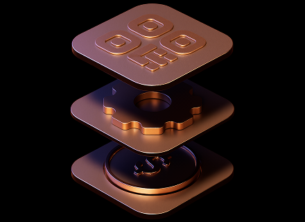 Layered 3D technology stack representing high-performance onchain trading infrastructure
