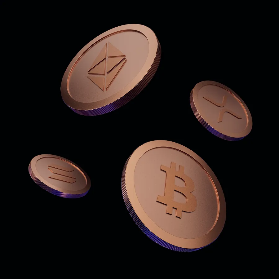 Floating copper and dark coins illustrating zero-fee crypto asset trading